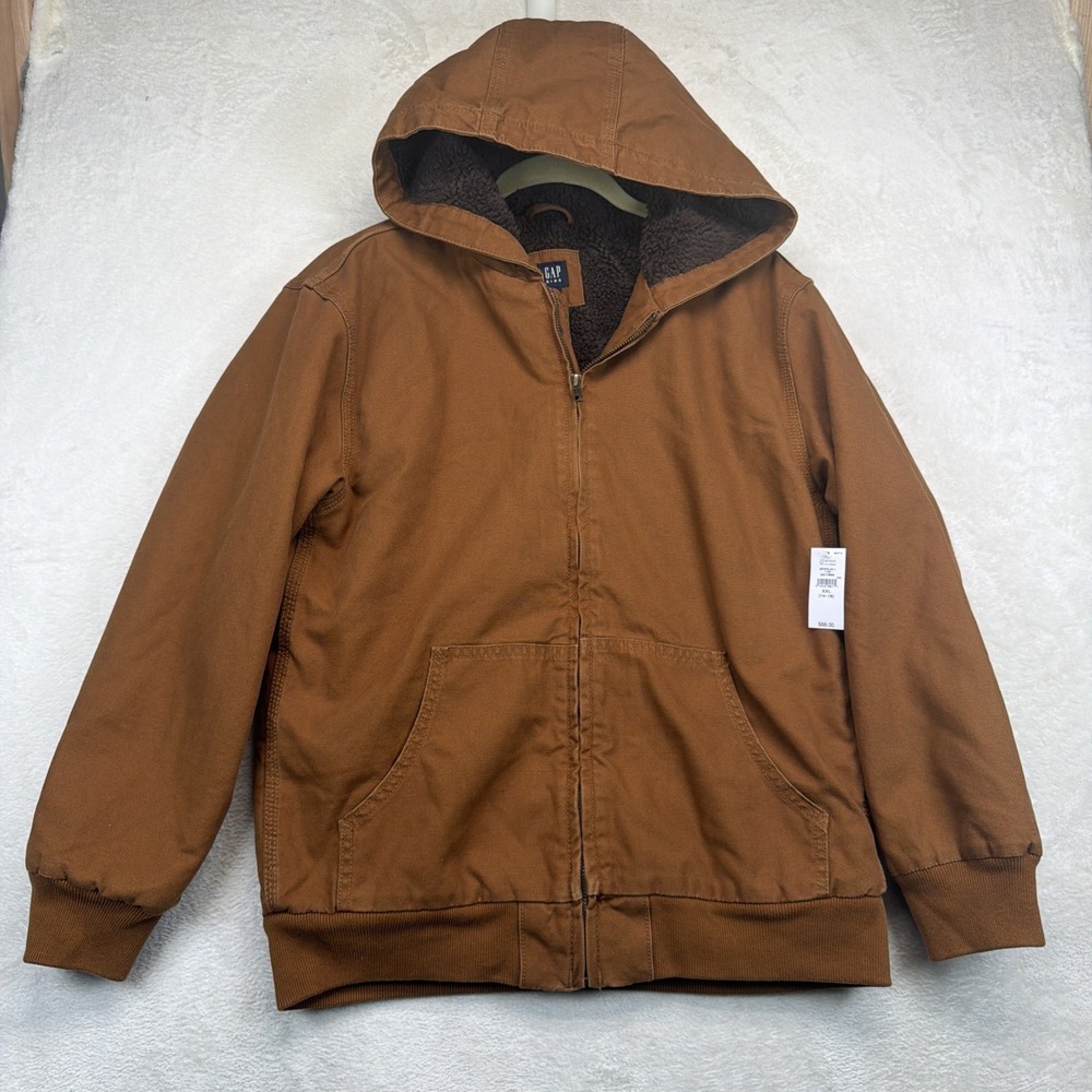 Gap Kids Boys Sherpa Lined Canvas Hooded Jacket Brown XXL 14 16 NWT